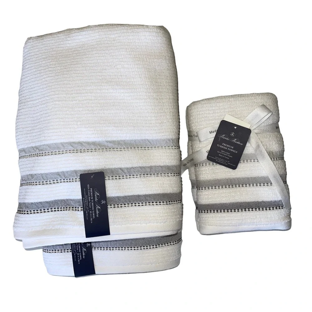 Brooks Brothers Turkish Towel set 2 Bath towels, 2 hand towels white gray NWT